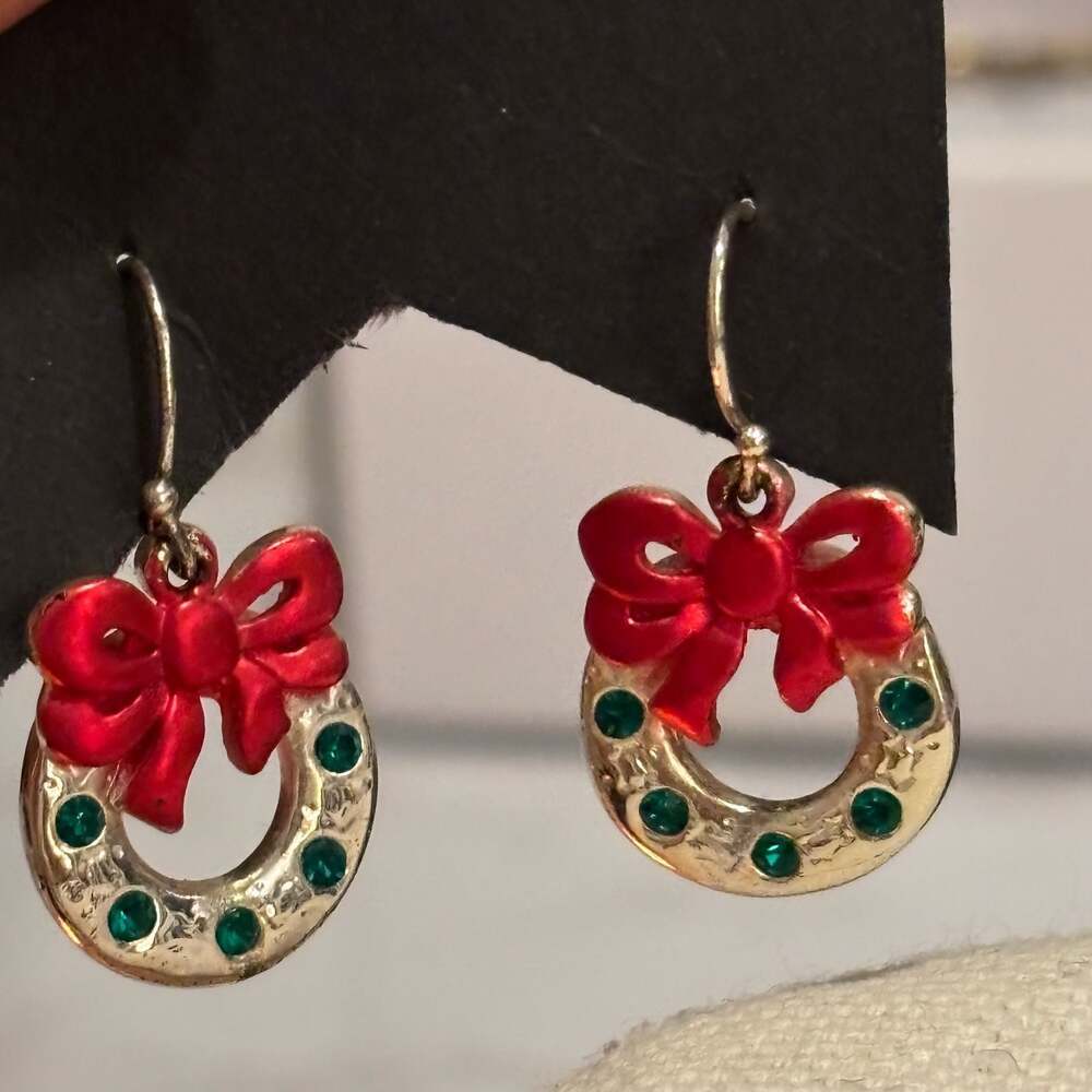 Christmas Wreath Dangle Earrings with Red Enamel Bow and Green Rhinestones